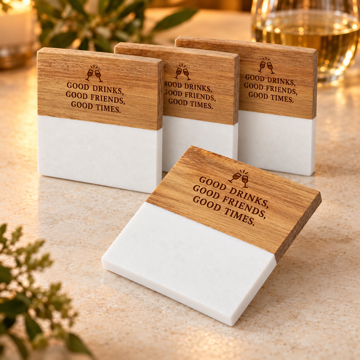Personalized Acacia Wood & Marble Coaster Set