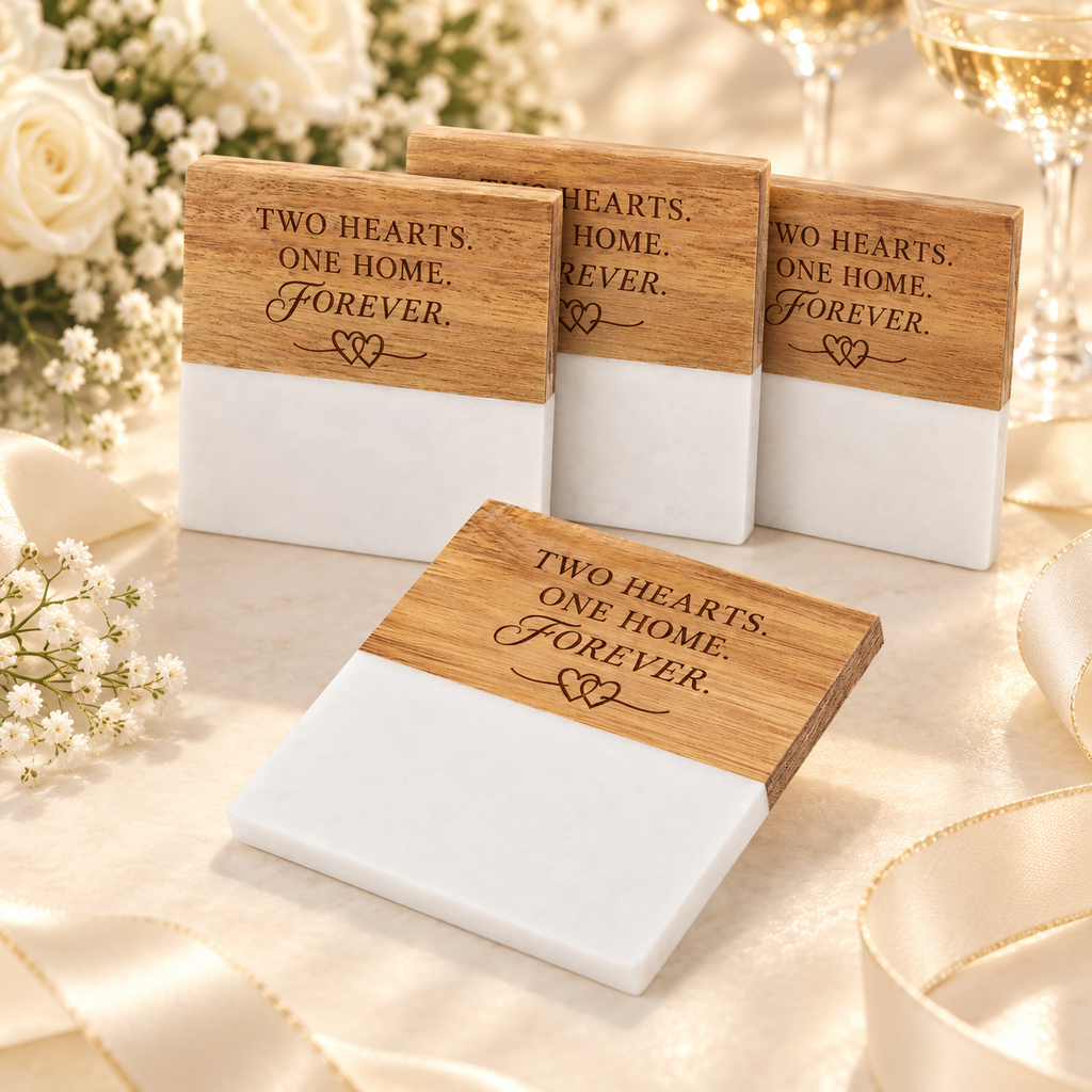 Personalized Acacia Wood & Marble Coaster Set