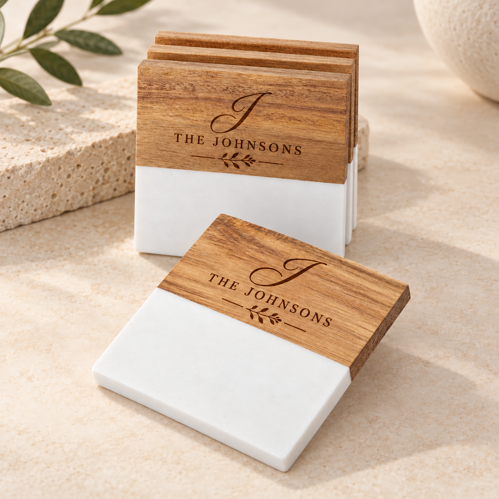 Personalized Acacia Wood & Marble Coaster Set