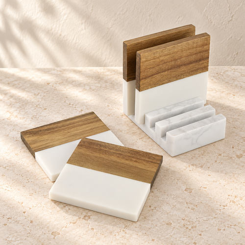 Personalized Acacia Wood & Marble Coaster Set